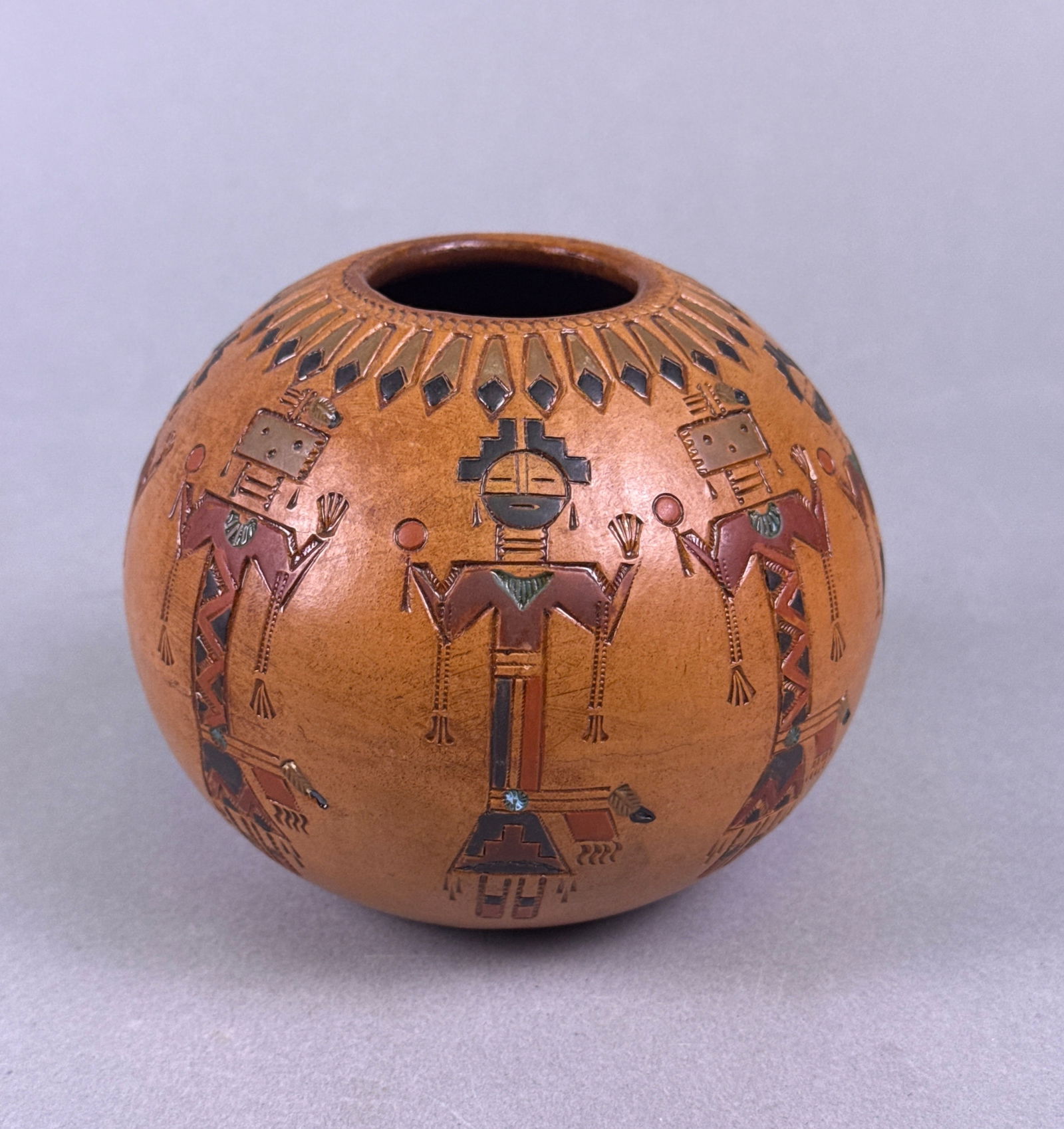 Irene White Dineh Navajo Yei Pine Pitched Pottery Vessel (1 of 6)