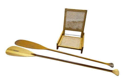 Two Wooden Canoe Paddles and an Essex Industries Folding Canoe Seat
