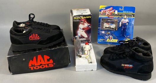 Two Pairs of Mac Tools Fastlane and NASCAR Racing Sneakers with Two Sports Figurines