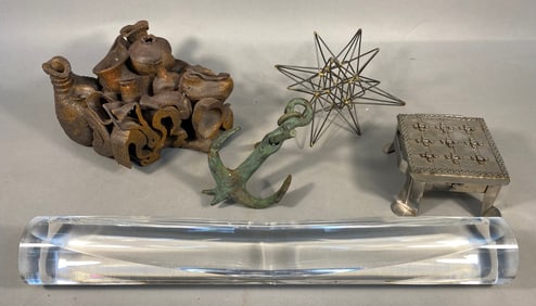 A Group of Five Decorative Objects, including a Signed 'Lisenburg' Acrylic Sculpture and a Ceramic