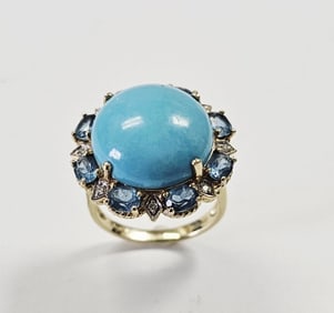 10K Sleeping Beauty Turquoise Topaz & Diamond Ring