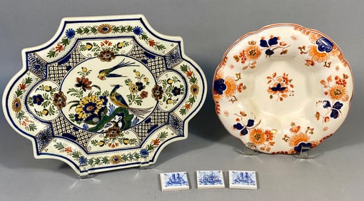 Two Royal Delft Polychrome Earthenware Dishes and Three Delftware Style Tiles