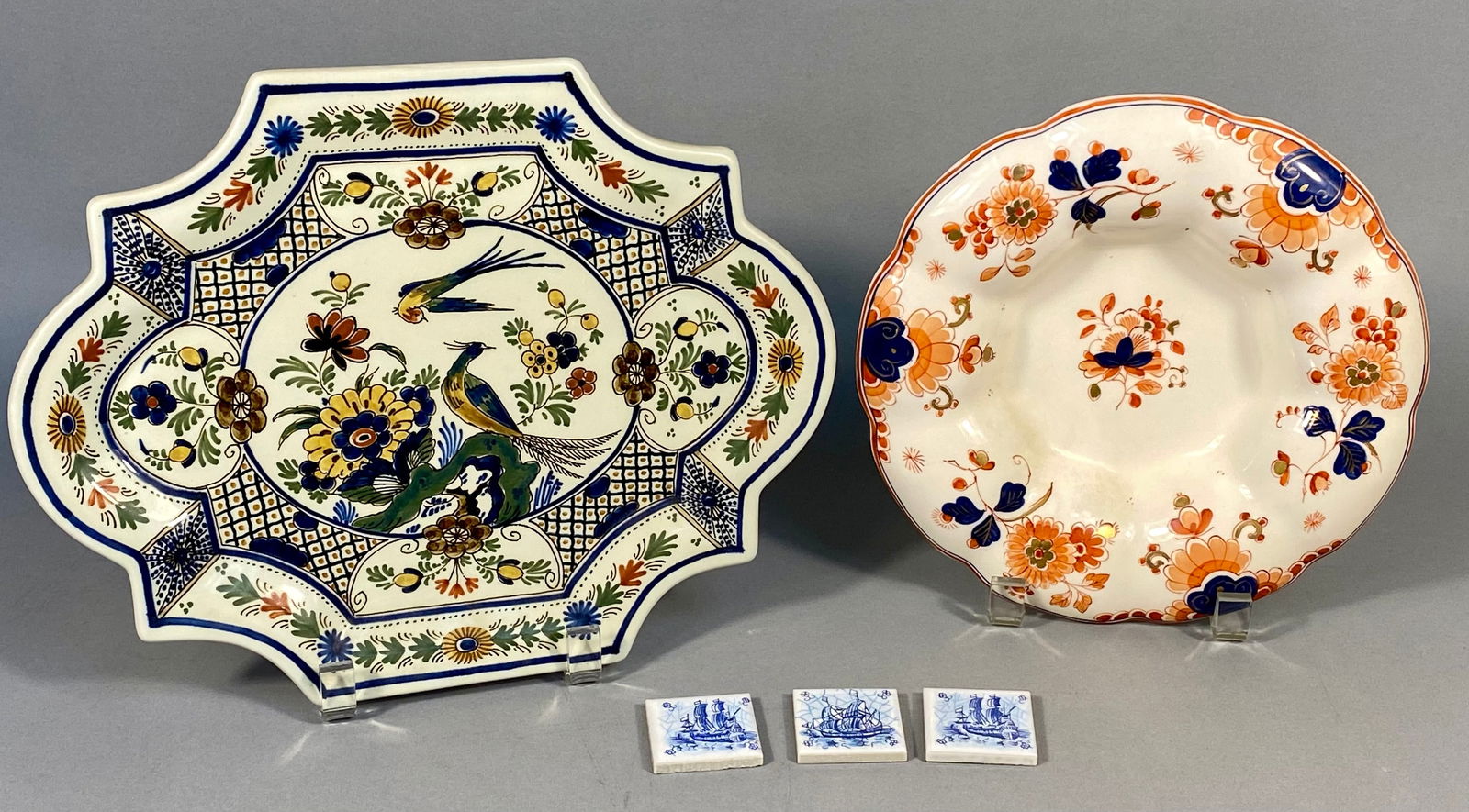 Two Royal Delft Polychrome Earthenware Dishes and Three Delftware Style Tiles (1 of 11)