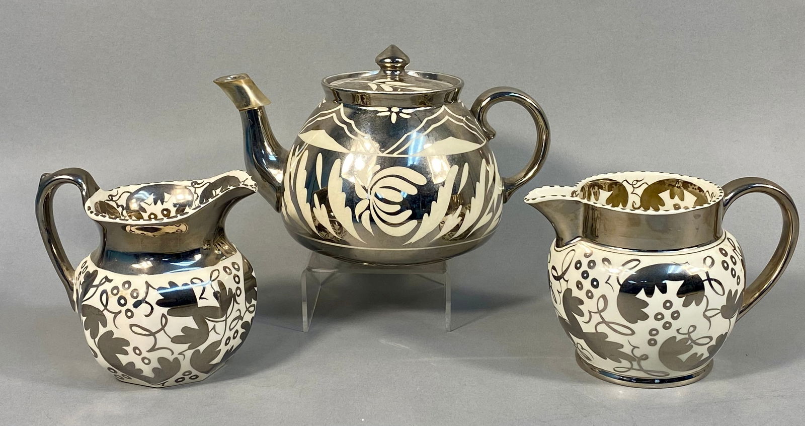A Three-Piece Mid-Century Ceramic Tea Service, comprising a Gibsons Silver Lustre Teapot and Two (1 of 10)