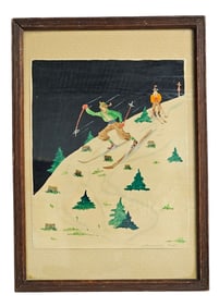 Sv. Fermentini, Tyrol Skiing Scene, Framed Watercolor or Gouache
