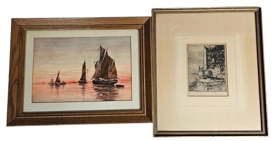 A Pair of 20th Century Marine Artworks: A Watercolor Print and an Etching