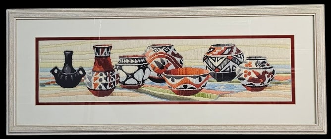 Vintage Southwestern Style Embroidered Textile Art, depicting Pottery Still Life