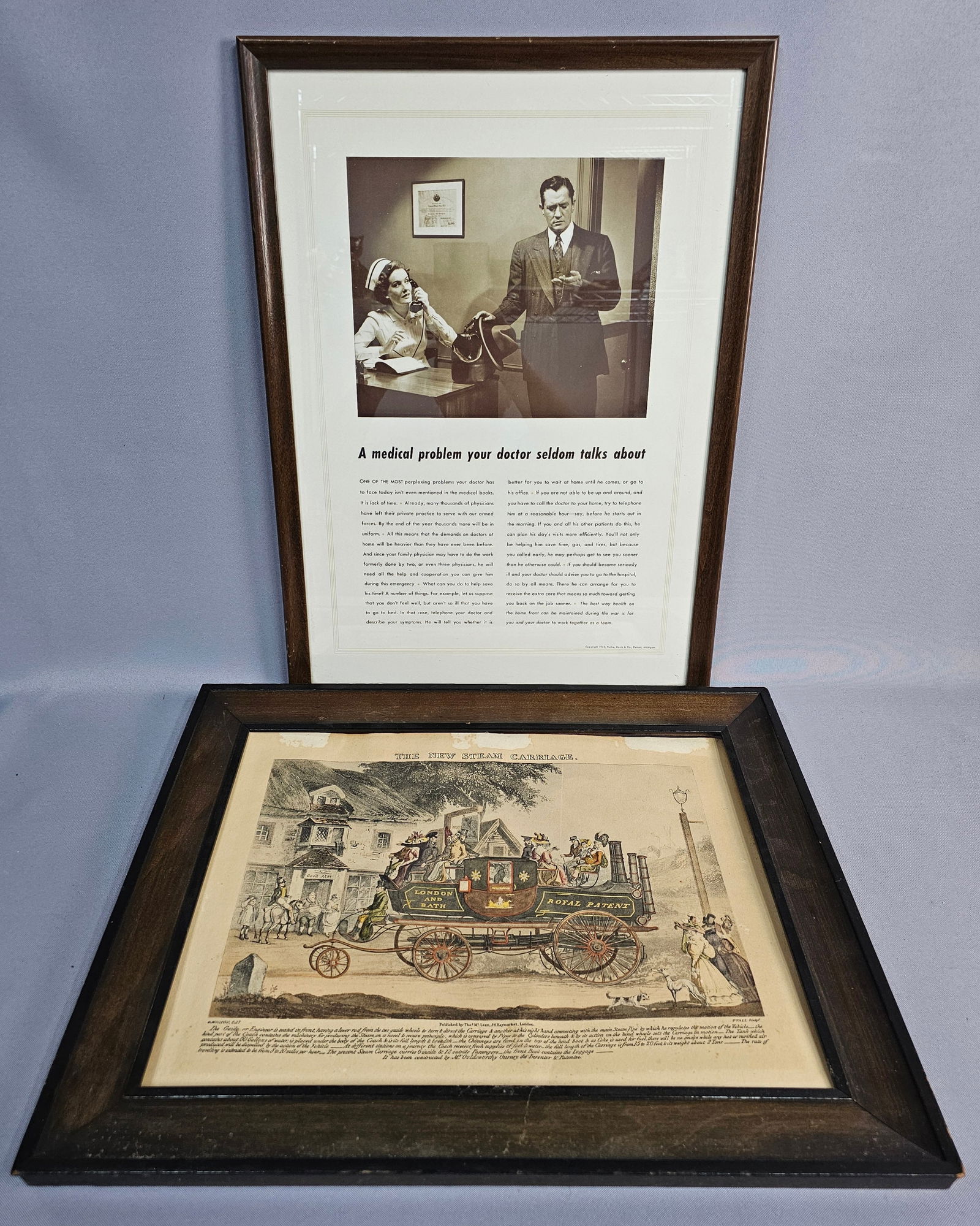 A Pair of Framed Prints: 1942 Parke, Davis & Company Advertisement and 'The New Steam Carriage' (1 of 9)