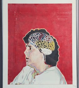 A Framed Pop Art Style Print of a Profile Portrait with Brain Graphic