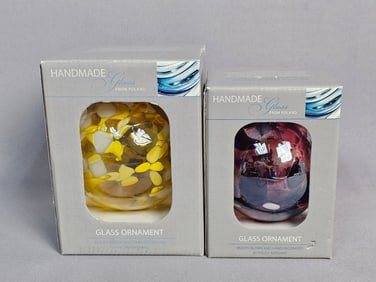 A Pair of Zorza Polish Mouth Blown and Hand Decorated Glass Ornaments with Boxes