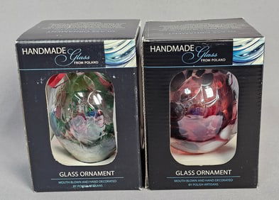 A Pair of Zorza Handmade Mouth Blown Polish Art Glass Ornaments