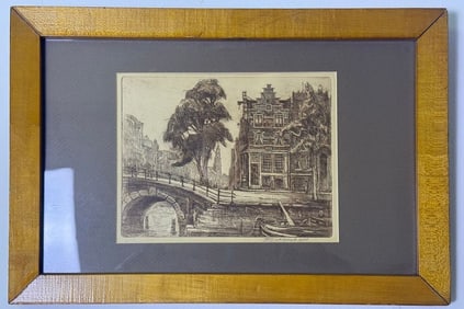 Mid-20th Century Etching of an Amsterdam Canal Scene, Signed F. J. v. d. Waele 1960