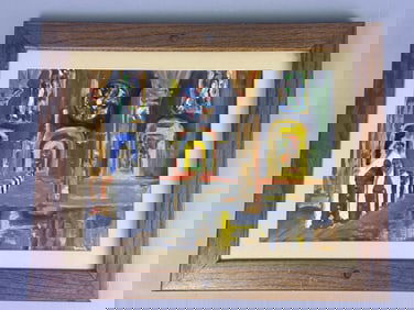 A Framed Modernist Expressionistic Church Interior Painting, 20th Century