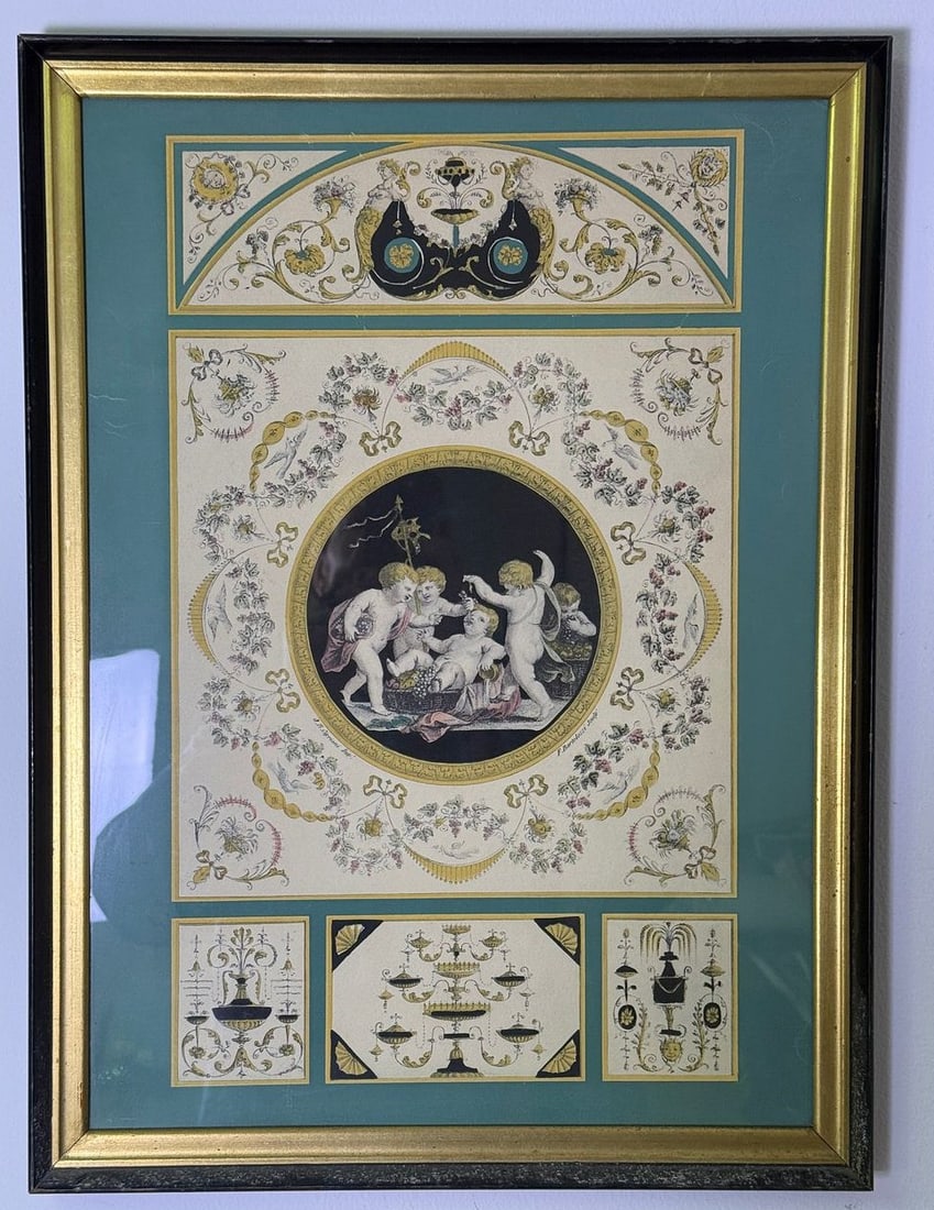 A Late 18th-Century Hand-Colored Stipple Engraving Designed by Giovanni Battista Cipriani and: A late 18th-century hand-colored stipple engraving, designed by Giovanni Battista Cipriani (Italian, 1727-1785) and engraved by Francesco Bartolozzi (Italian, 1727-1815). The print depicts an elaborat