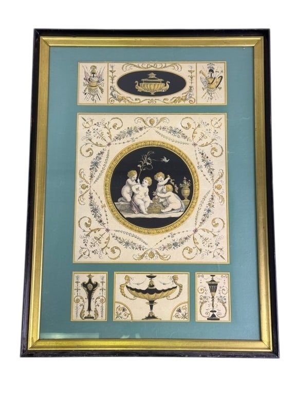 A Framed Hand-Colored Engraving after Giovanni Battista Cipriani by Francesco Bartolozzi, Late: A hand-colored engraving after Giovanni Battista Cipriani (Italian, 1727-1785) by Francesco Bartolozzi (Italian, 1727-1815), likely dating from the late 18th to early 19th century. This framed print f