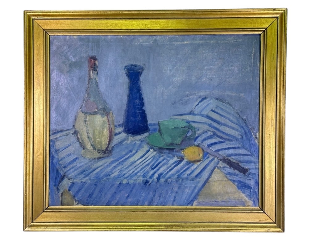 A Modernist Still Life Oil on Canvas Painting: An oil on canvas painting, executed in a modernist or expressive still life style. The artwork depicts a bottle with a red stopper, a tall blue vase, a green teacup and saucer, a cut lemon, and a knif