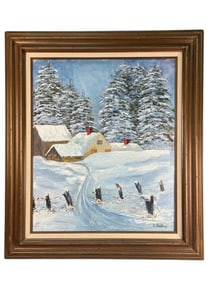 Oil on Canvas Naive Style Winter Landscape, Signed B Ballard