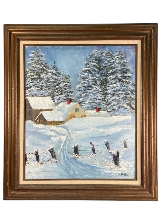 Oil on Canvas Naive Style Winter Landscape, Signed B Ballard (1 of 7)