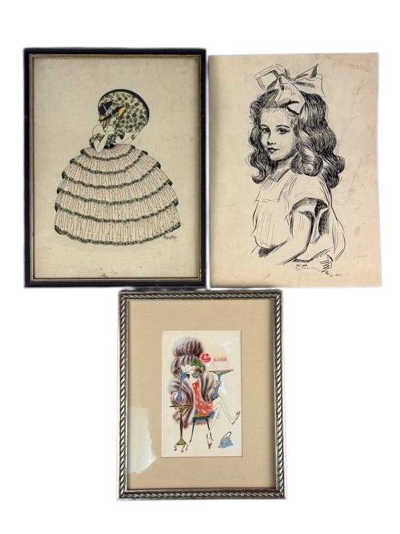 Three Artworks: An Art Deco Style Illustration, a 1915 Ink Drawing, and a Mid-20th Century Mixed (1 of 7)