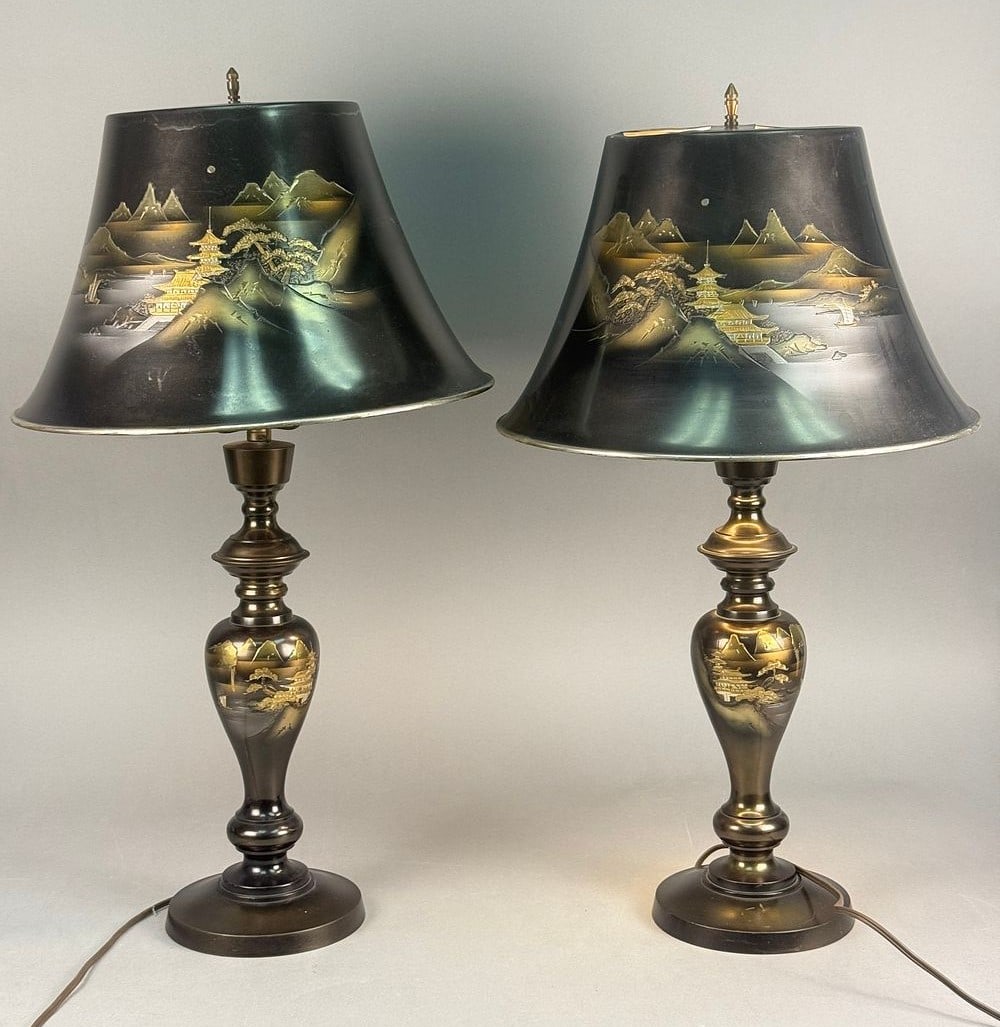 A Pair of Mid-Century Japanese Etched Metal Chokin Table Lamps (1 of 11)