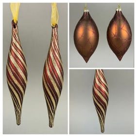 A Group of Five Christmas Ornaments, including Three Vickerman Glitter Swirl Drop Ornaments