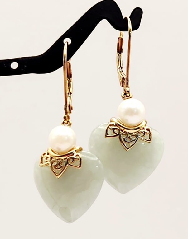 14K Yellow Gold Jade & Pearl Earrings 5.7 Grams (1 of 6)