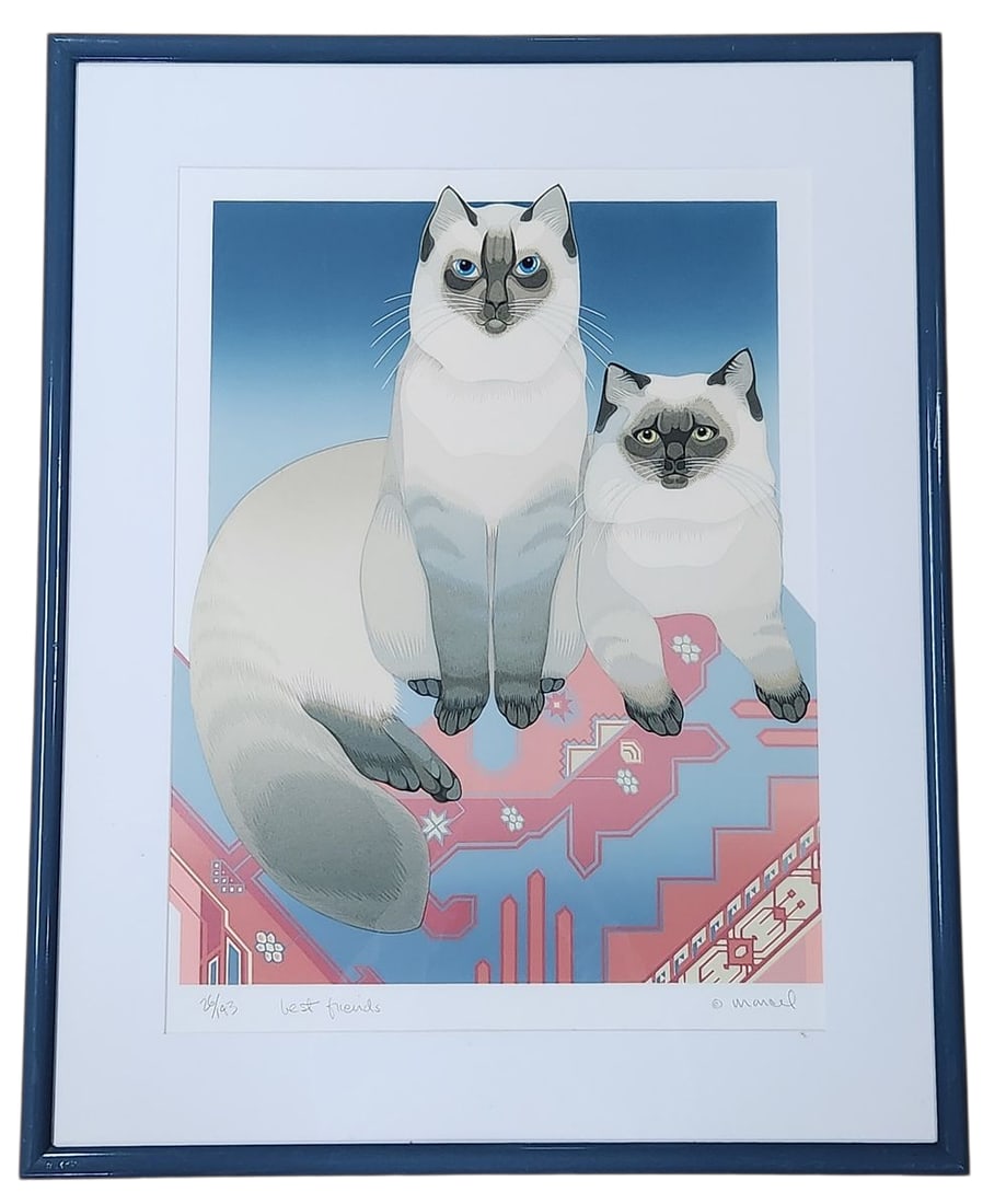 Marcel, 'Best Friends' Silkscreen Print: A silkscreen print by Marcel, titled 'best friends', dating to the late 20th century. The print depicts two stylized, pointed cat breeds with blue and green eyes, seated on a geometric patterned rug a