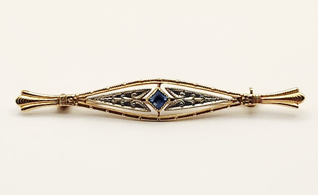10K Gold Brooch Pin 2.3 Grams: White & Yellow Gold With Square Blue Glass