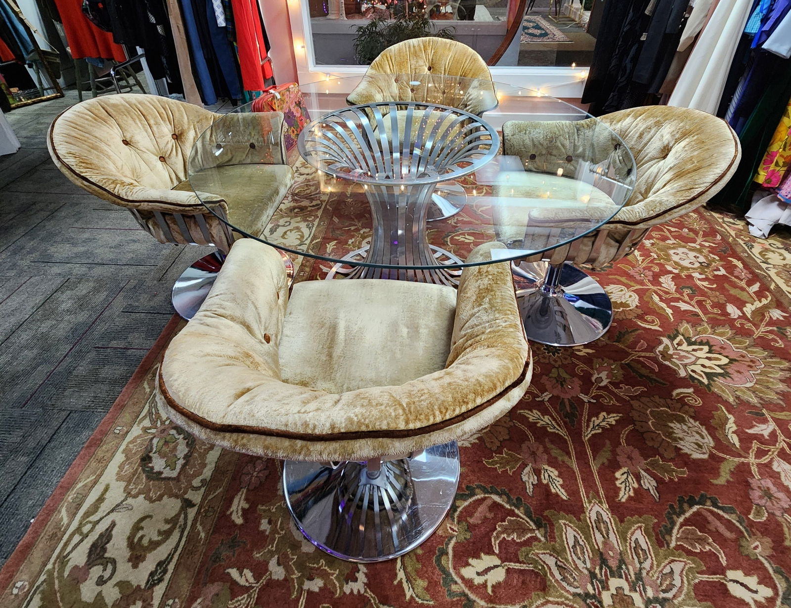 A Russell Woodard Mid-Century Modern Dining Ensemble Comprising a Glass-Top Table and a Set of Four (1 of 9)