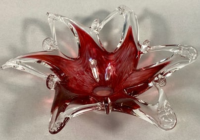 Lavorazione Arte Murano Ruby Red and Clear Star-Shaped Art Glass Bowl, Italy
