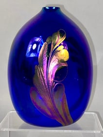 Christopher Taylor Iridescent Cobalt Blue Art Glass Oil Lamp, 2009