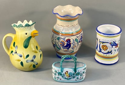 A Group of Deruta Italian Maiolica Rooster-Decorated Pottery