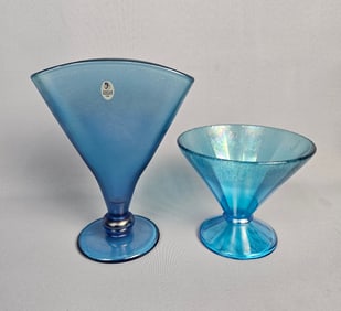 A Pair of Iridescent Blue Art Glass Pieces Including Fenton Fan Vase and Compote