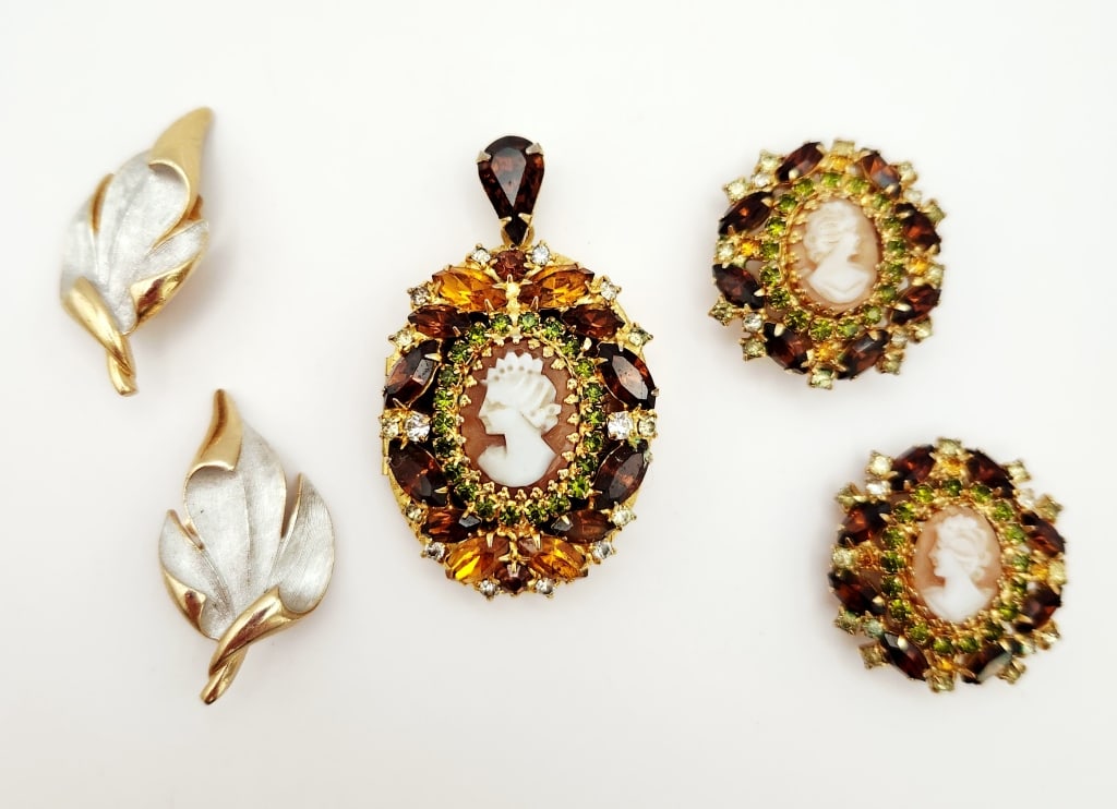 Hobe Gold Tone Cameo Locket Pendant Earrings: Hobe Gold Tone Brushed Leaf Earrings