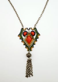 1980s Boho Silver Tone Enamel Pendant Necklace