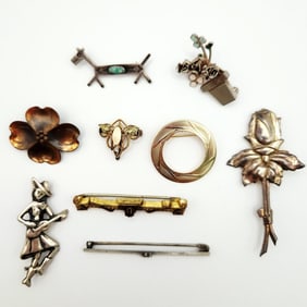 Assorted Silver Tone Gold Tone & Copper Brooches