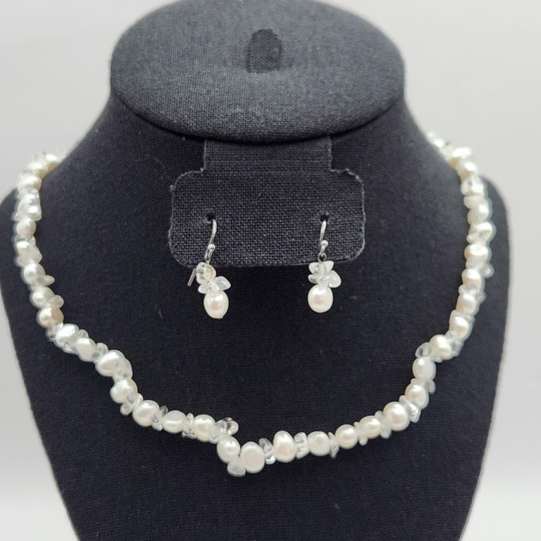 Freshwater Pearl & Crystal Necklace & Earrings Set: Necklace is 35".Clasp is 925 sterling.Earrings are not marked.