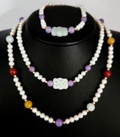 Multi-Colored Jade & Gold Bead Necklaces &