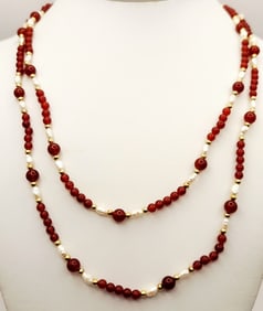 Red Coral Freshwater Pearls & Gold Bead Necklaces