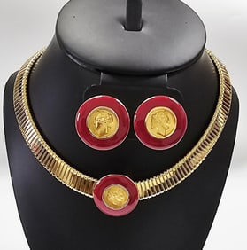 Vintage Signed Monet Greek Coin Necklace & Earring