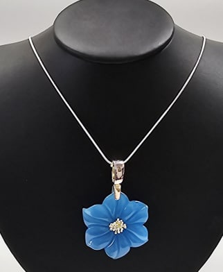 Stering Polished Stone Floral Necklace 21.6 Grams: Necklace measures 24 inches Including PendantWeighs 21.6 Grams