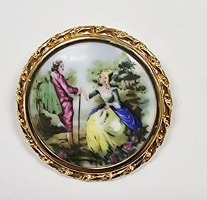 Vintage Limoges Porcelain Gold Tone Brooch.