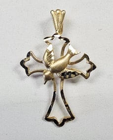 14K Yellow Gold Dove Cross Pendant 1.3 Grams