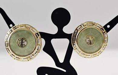 14K Jade Greek Key Button Earrings 7.9 Grams