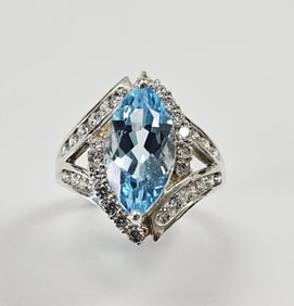 Sterling Silver Blue Topaz & CZ Ring 7.0 Grams