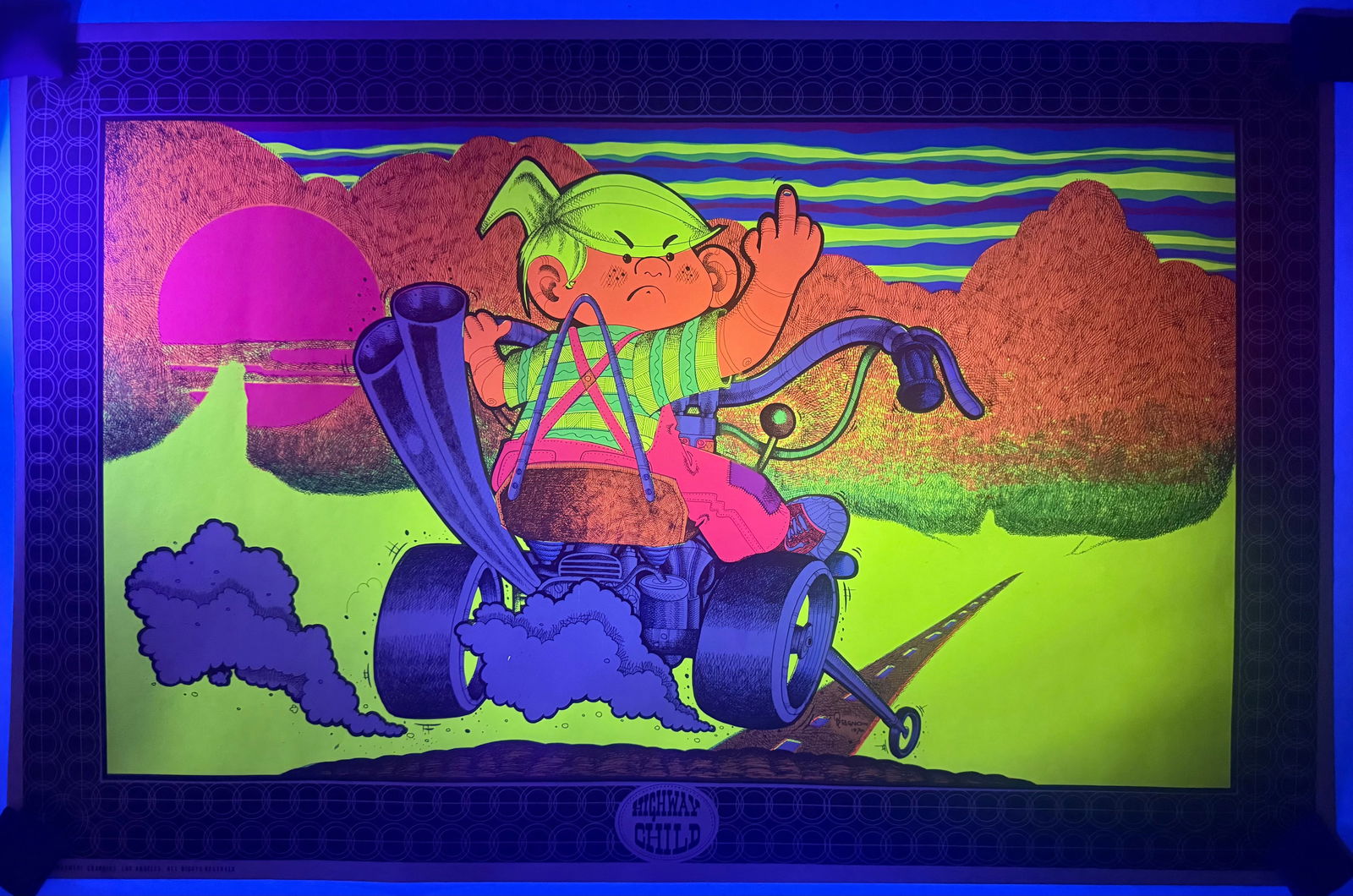 1970 GawdAwful Graphics 'Highway Child' Blacklight Poster by P. Tagno: A 1970 GawdAwful Graphics 'Highway Child' blacklight poster, designed by P. Tagno. Rendered on paper with fluorescent inks, the artwork depicts a stylized, rebellious child character with a ponytail a