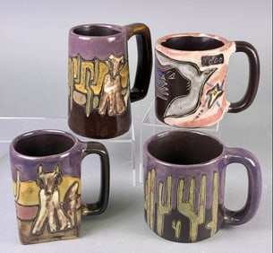 A Group of Four Mara Mexico Stoneware Mugs, Coyote and Desert Designs