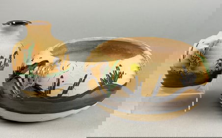 A Pair of Betty Selby Pueblo Hand-Painted Southwest Stoneware Pottery Vase and Bowl