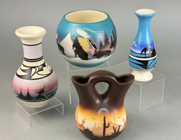 A Group of Four Southwestern Style Decorative Vases, including a Brown Sonora Desert Wedding Vase