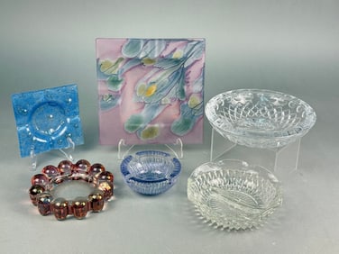 A Collection of Assorted Glassware, including a Rueven Nouveau Art Glass Co. Hand-Painted Plaque